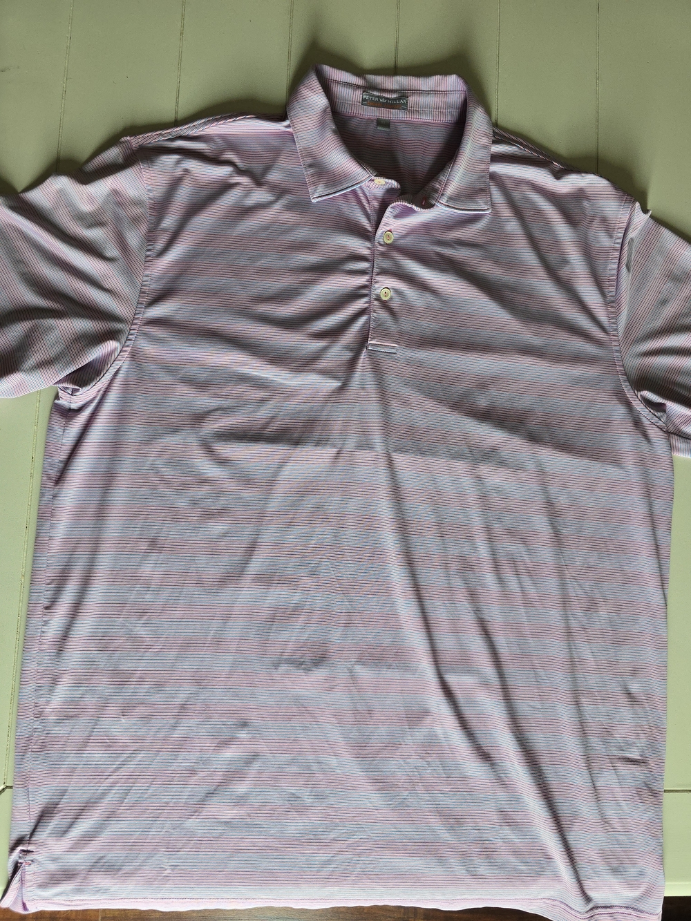 Peter Millar Light Pink and White Striped Golf Polo